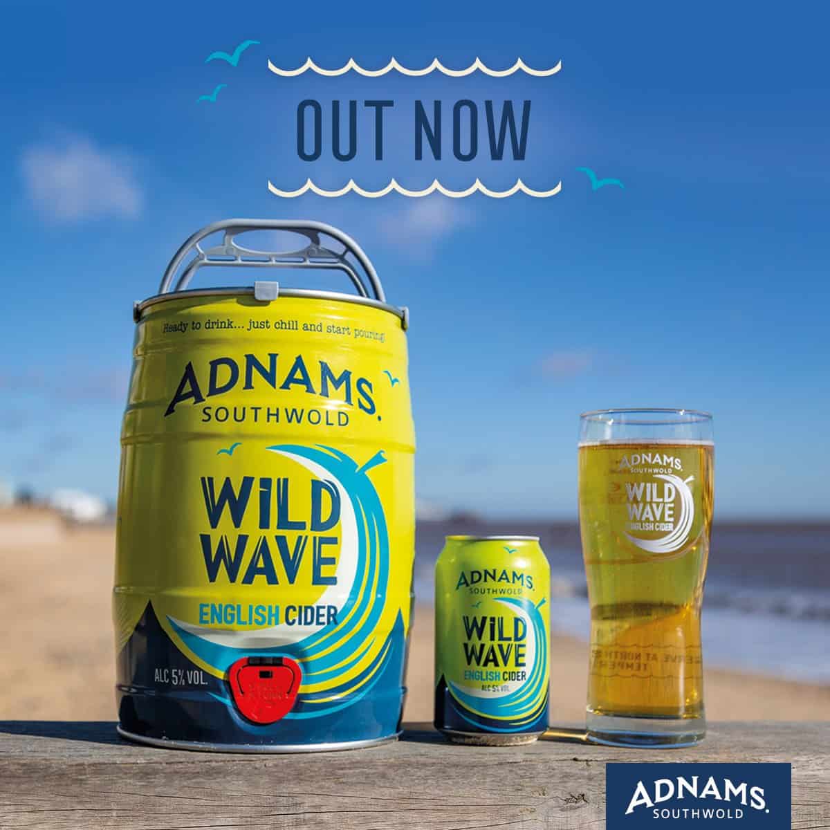 ADNAMS Wild Wave English Cider on a beach with a glass of cider, promoting the new product launch.