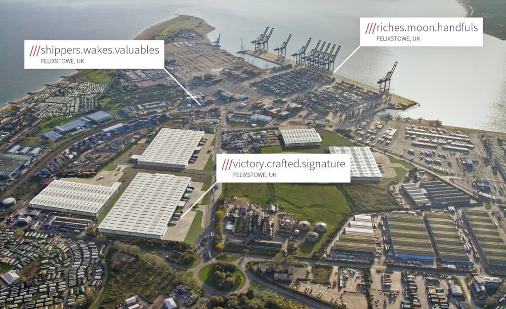 Aerial view of Suffolk Business industrial park with warehouses and port facilities in Felixstowe UK.
