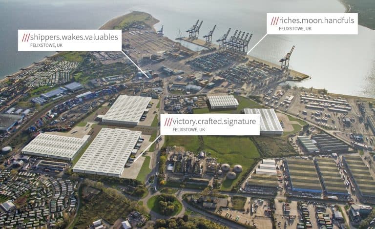 Aerial view of Suffolk Business industrial park with warehouses and port facilities in Felixstowe UK.