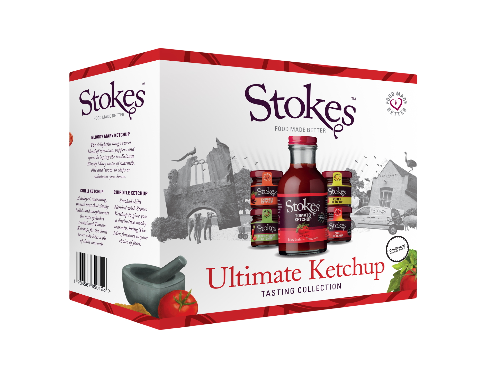 Stokes Ultimate Ketchup tasting collection with bottles and fresh tomatoes, on a grey background.