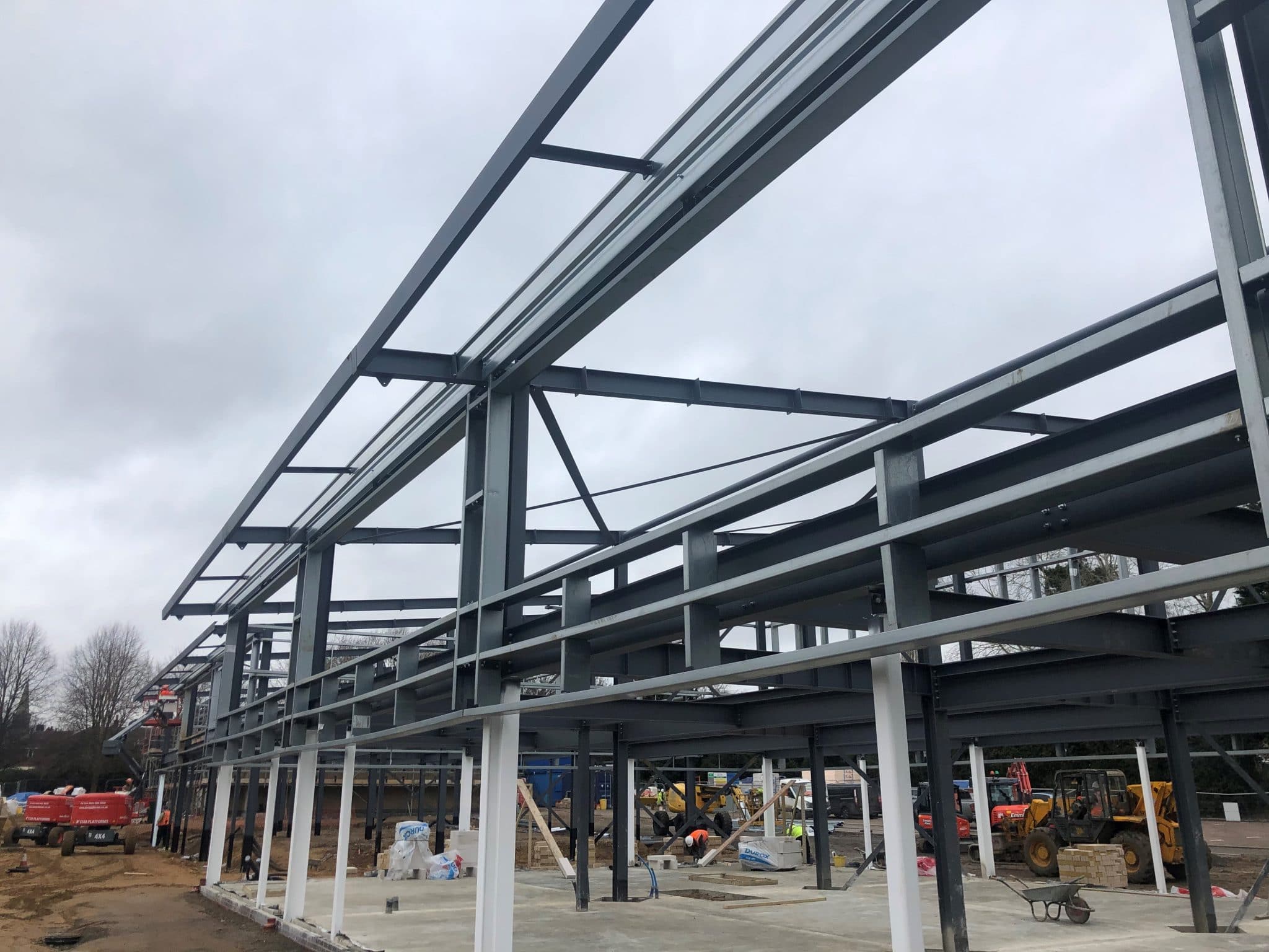 Steel building structure under construction in Suffolk, ready for commercial development.