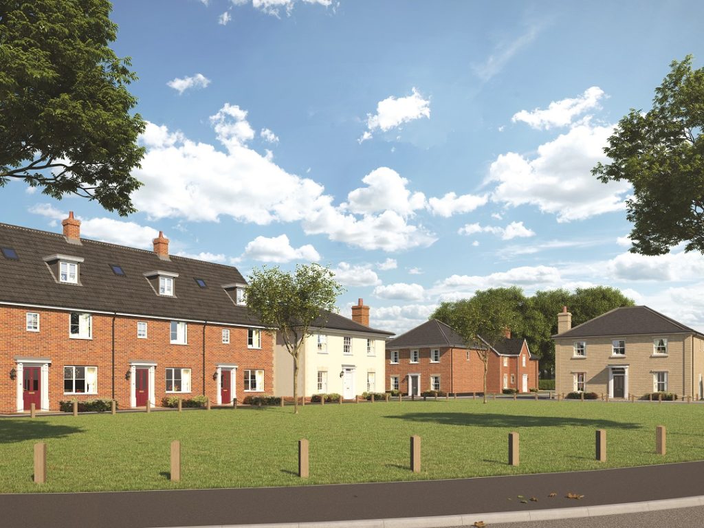 Residential houses in Suffolk with well-maintained gardens and green spaces.
