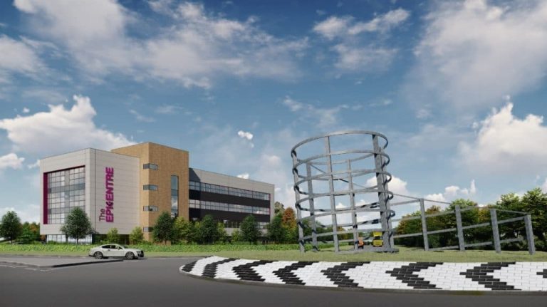 Modern Suffolk Business Centre building with innovative architecture and surrounding greenery.