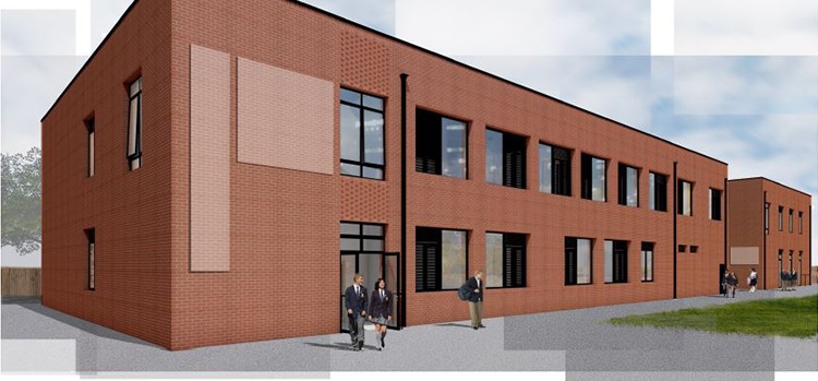 A modern red brick commercial building in Suffolk with large windows and people entering.