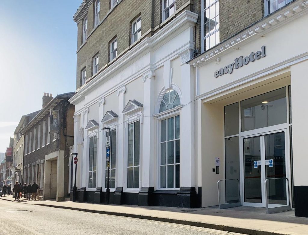Modern EasyHotel building in Suffolk city centre, UK.
