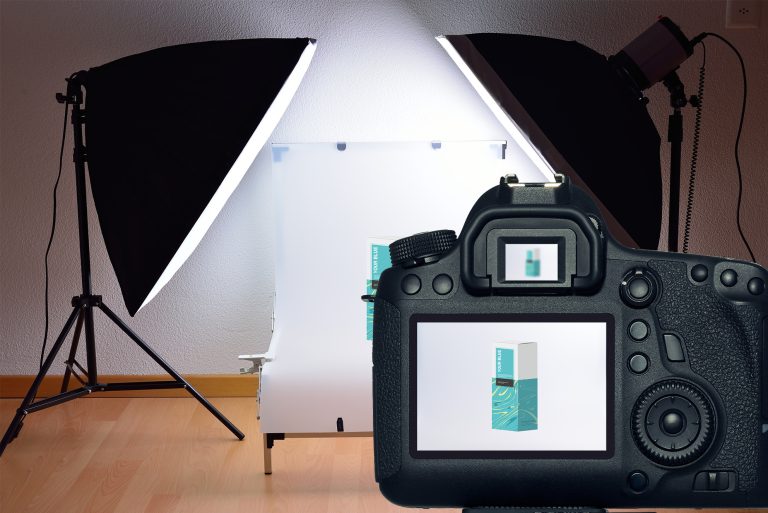 Professional photography studio setup with lighting and camera for Suffolk Business images.