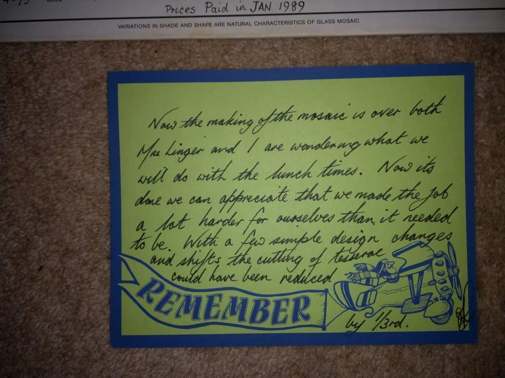 Handwritten note about mosaic creation and appreciation, with a "REMEMBER" banner and tools illustra.