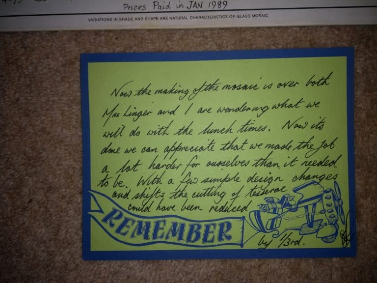 Handwritten note about mosaic creation and appreciation, with a "REMEMBER" banner and tools illustra.