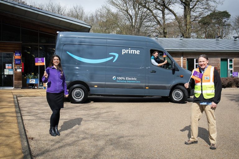 Amazon Prime electric delivery van in Suffolk, showcasing sustainable logistics solutions.