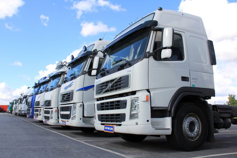Transport fleet of trucks parked in Suffolk, specialising in logistics, freight, and commercial tran.