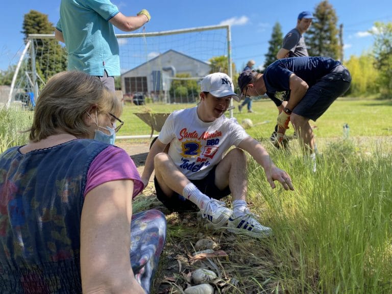 Children and adults planting and caring for a community garden in Suffolk.