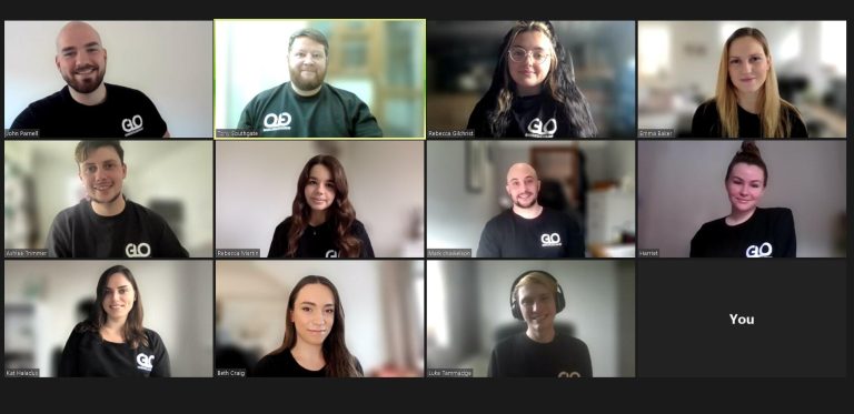 Remote team meeting with diverse professionals in a virtual video call.