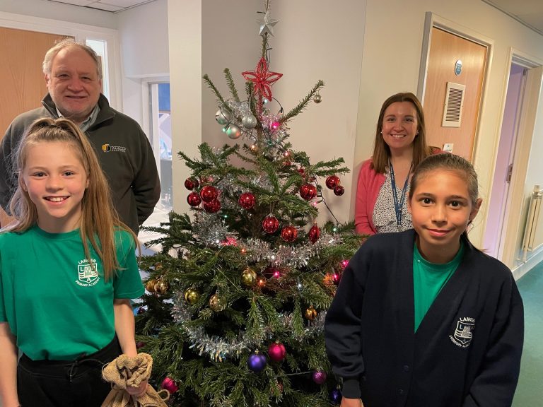 Christmas tree decorated with baubles and lights, creating a festive atmosphere.