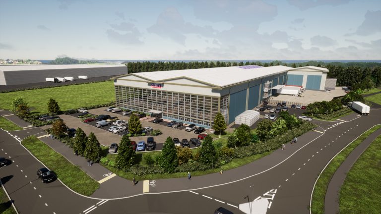 Modern industrial warehouse in Suffolk with ample parking and green surroundings.