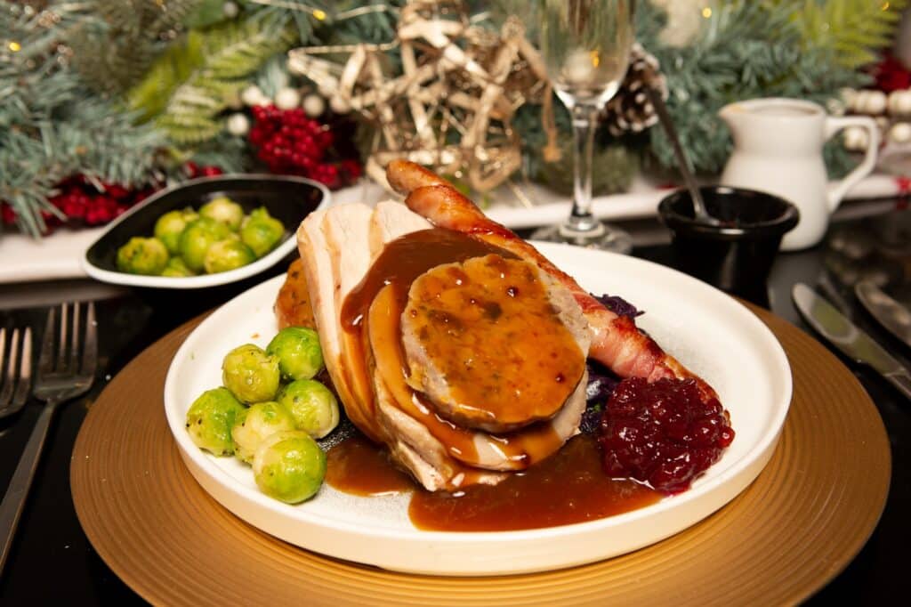 The Crown at Woodbridge Christmas party nights turkey main course (image The Hotel Folk) med