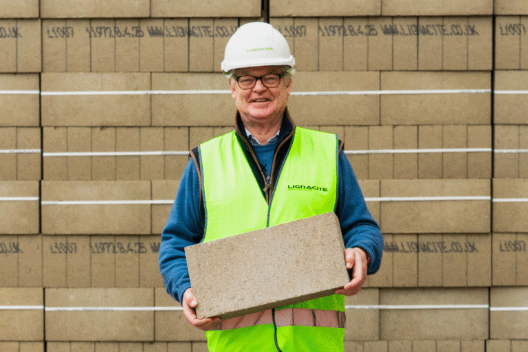 Giles de Lotbiniere (Lignacite Chairman) with Lignacite ECO concrete block - Credit Lignacite